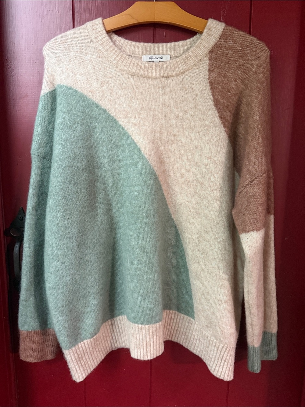 Madewell Colorblock Crewneck Sweater in Mint, Cream & Brown